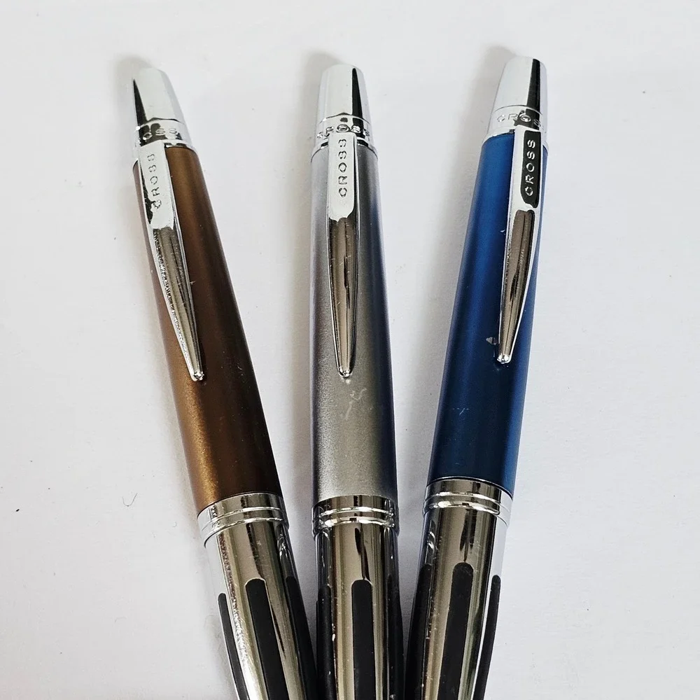 Vintage Cross ATX Ballpoint Pen Set 3 Metallic Blue Silver Bronze Ergonomic Grip